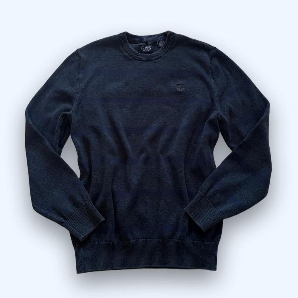 Chaps Men's Dark Green and Navy Striped Crewneck Knit Sweater